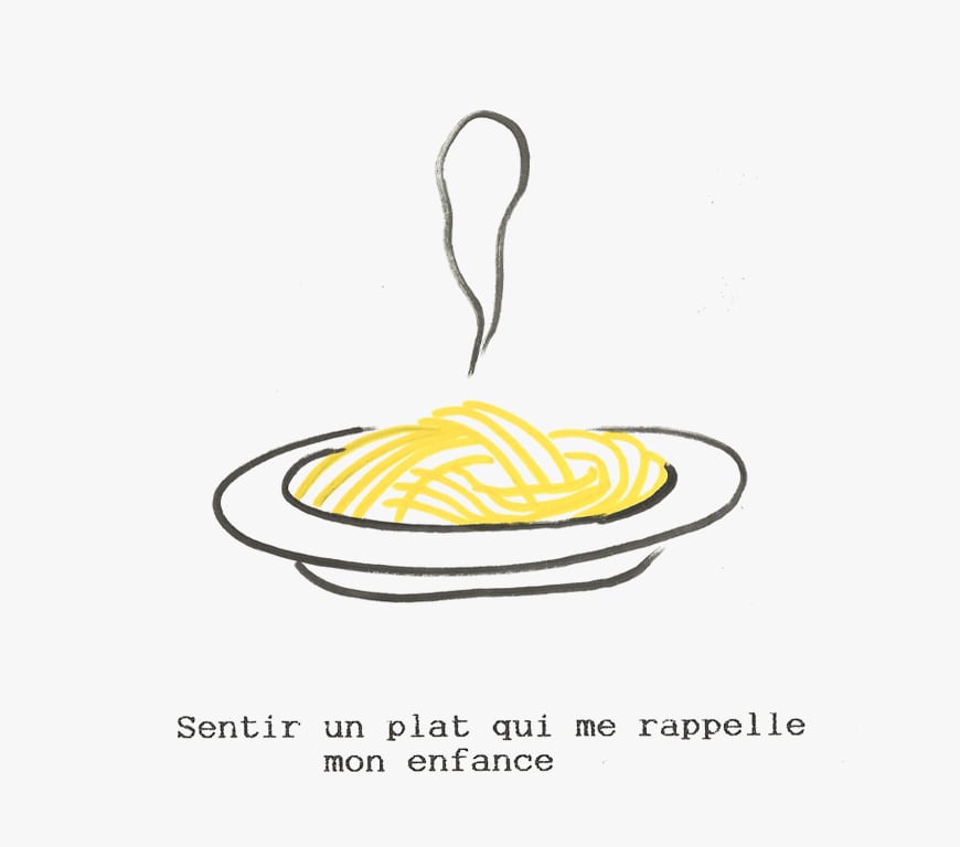 assiette de spaghetti qui fume avec écrit "sentir un plat qui me rappelle mon enfance" pour motion design video du bonheur par Charlotte Smague