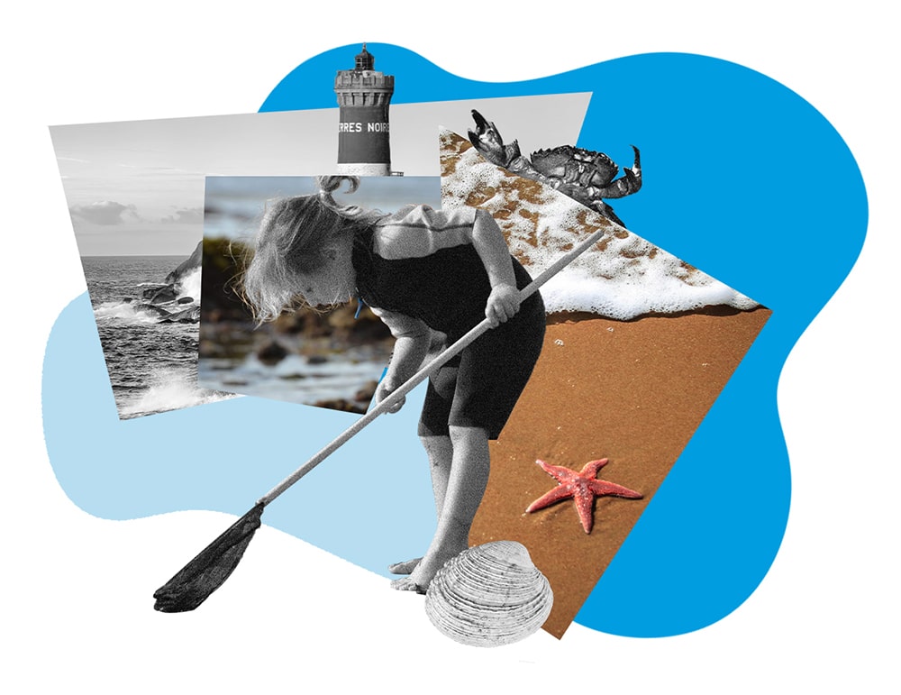 enfant qui fait de la pêche à pied à l'épuisette en Bretagne avec une phare et la mer derrière elle, collage photographique de branding touristique pour la mer de France par Charlotte Smague