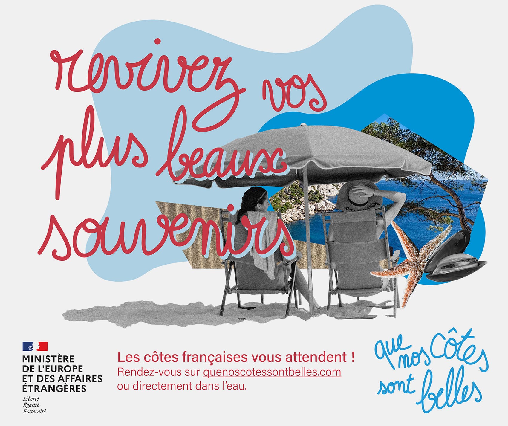 branding touristique mer France collage de photo sur le thème de la mer et de la plage avec écrit "que nos côtes sont belles" affiches par Charlotte Smague