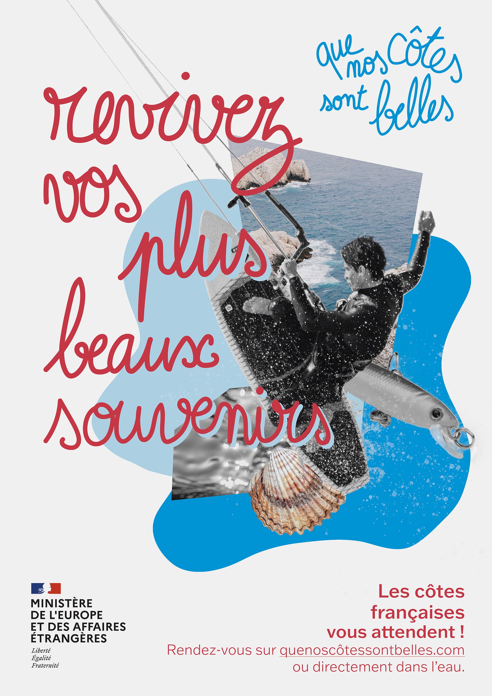 branding touristique mer France collage de photo sur le thème de la mer et de la plage avec écrit "que nos côtes sont belles" affiches par Charlotte Smague