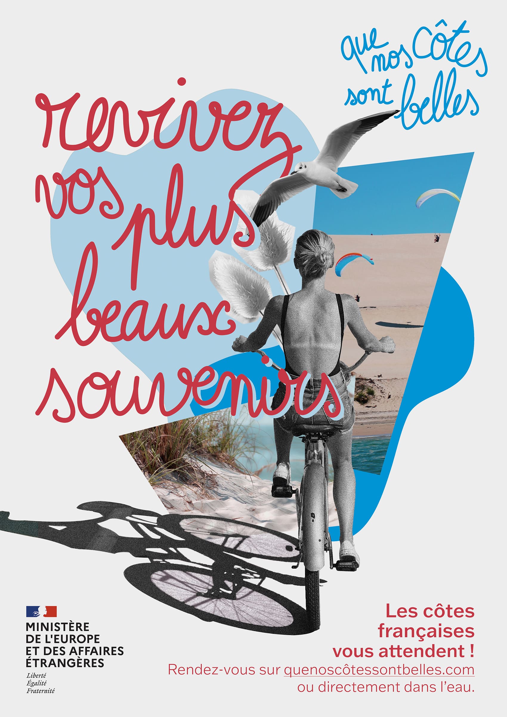 branding touristique mer France collage de photo sur le thème de la mer et de la plage avec écrit "que nos côtes sont belles" affiches par Charlotte Smague