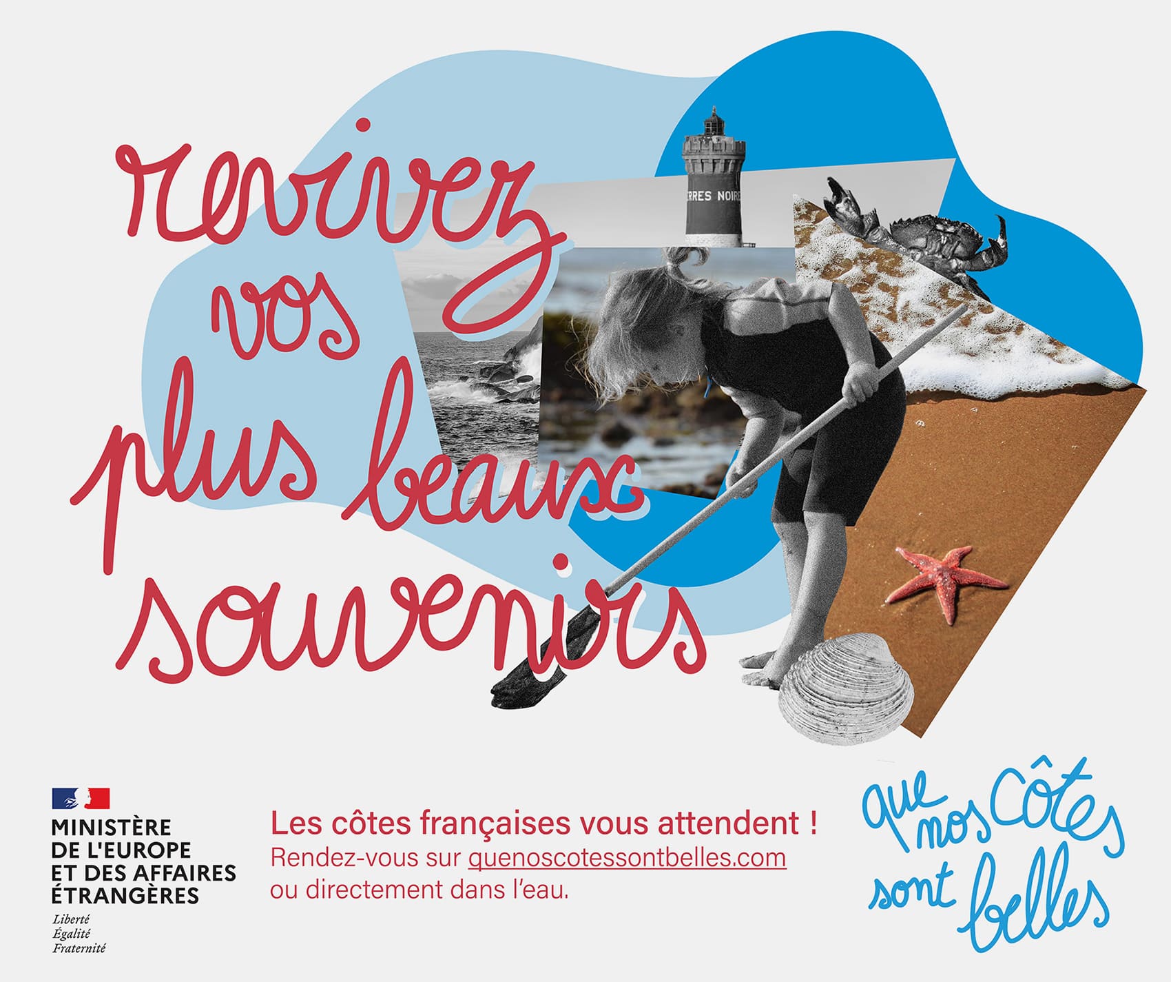 branding touristique mer France collage de photo sur le thème de la mer et de la plage avec écrit "que nos côtes sont belles" affiches par Charlotte Smague